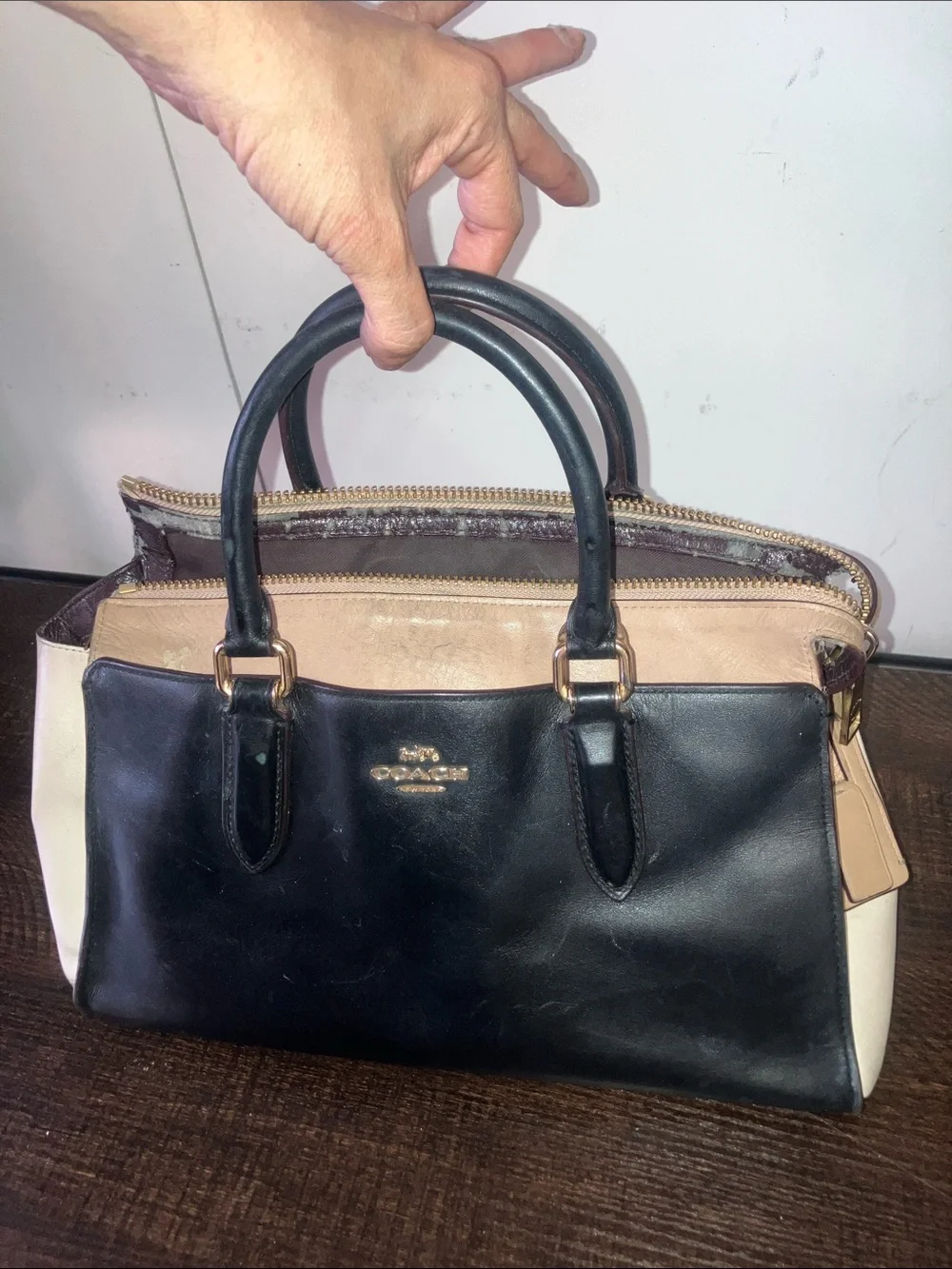 Coach Two-Tone Leather Satchel in Black and Beige